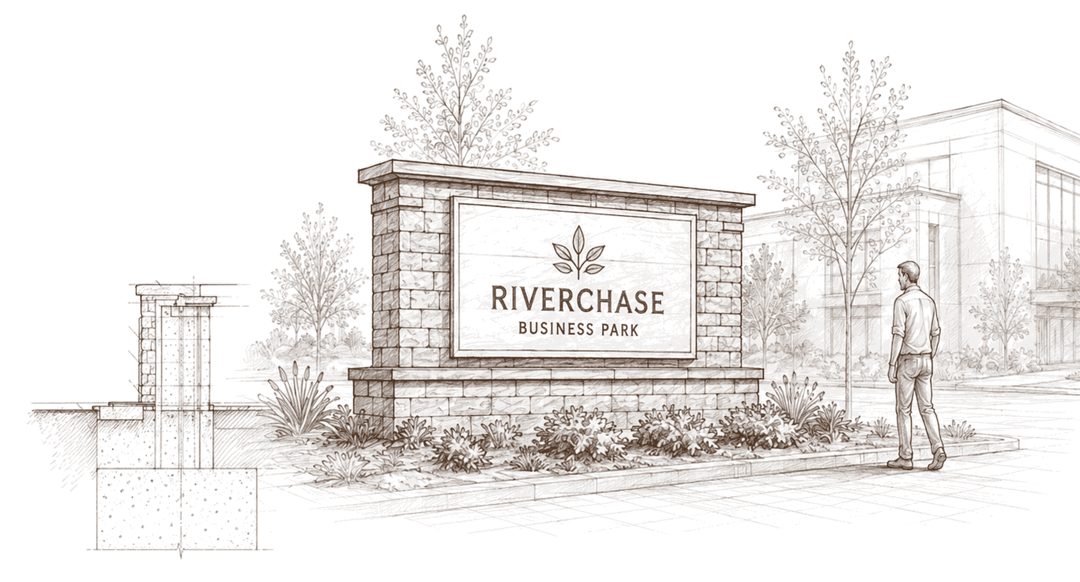 Monument sign sketch: a masonry monument at a business-park entrance with the precast cap, sign face, masonry veneer, and landscaping drawn in